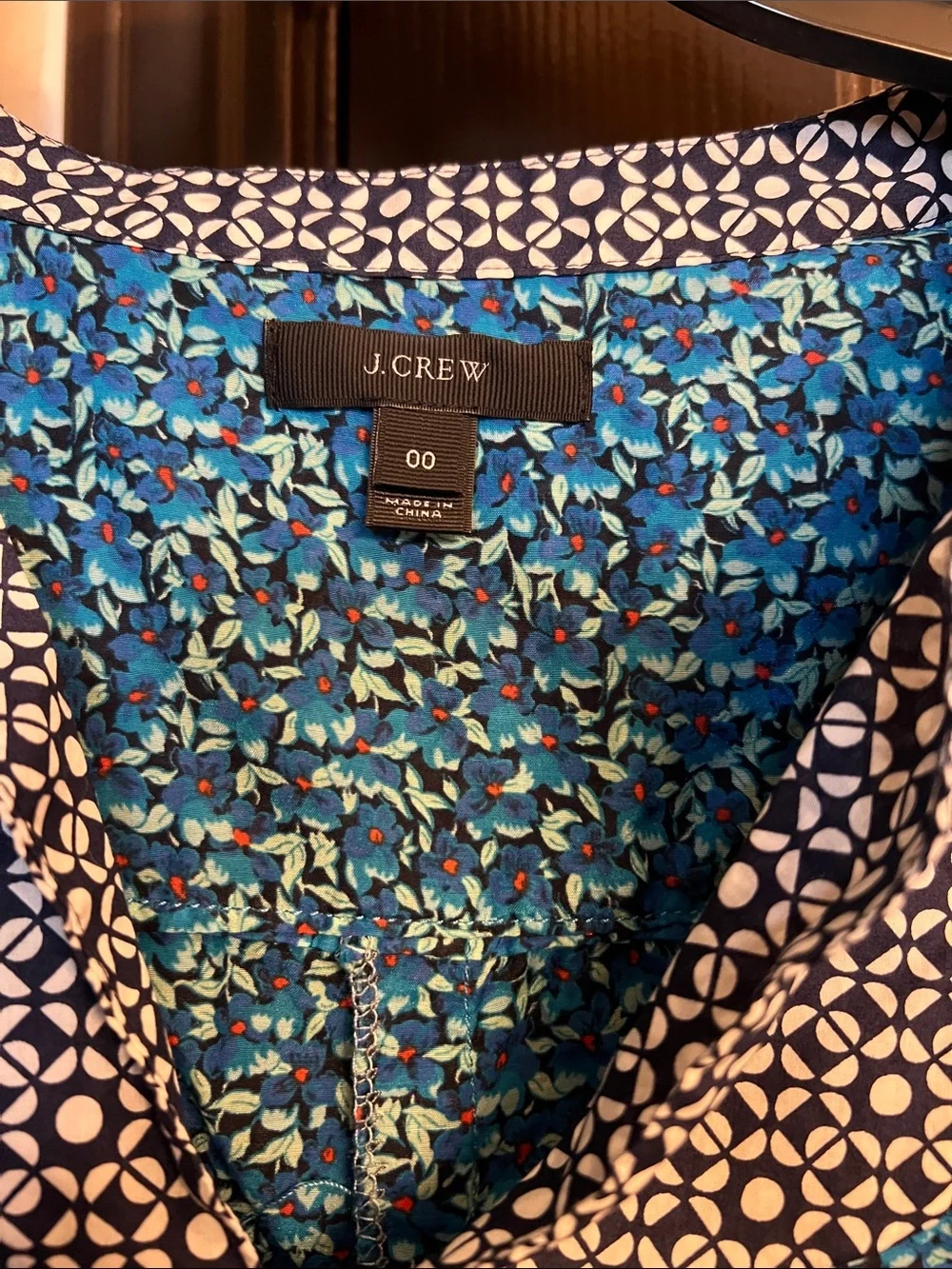 J. Crew Blue Patterned V-Neck Peasant Blouse